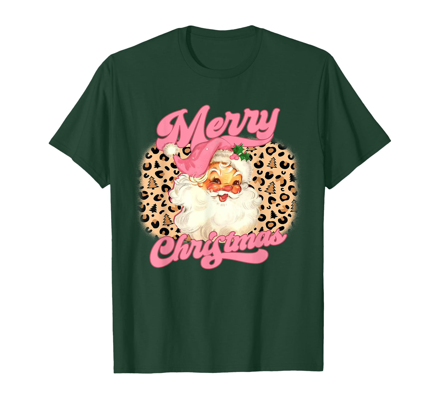Merry Christmas Pink Santa Claus Leopard Print Women Girls T-Shirt