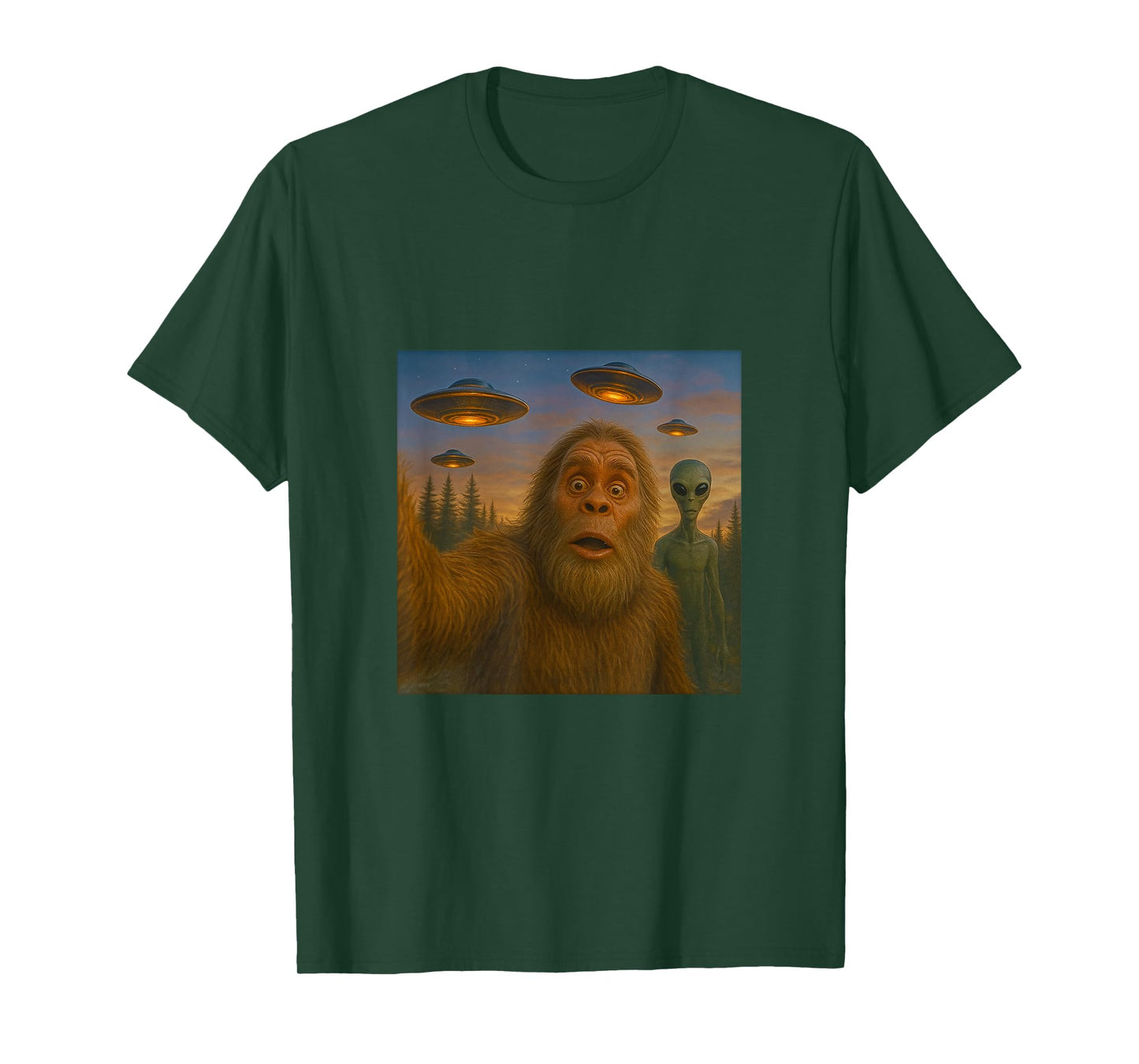 Bigfoot Alien Selfie at Dusk - with UFOs T-Shirt