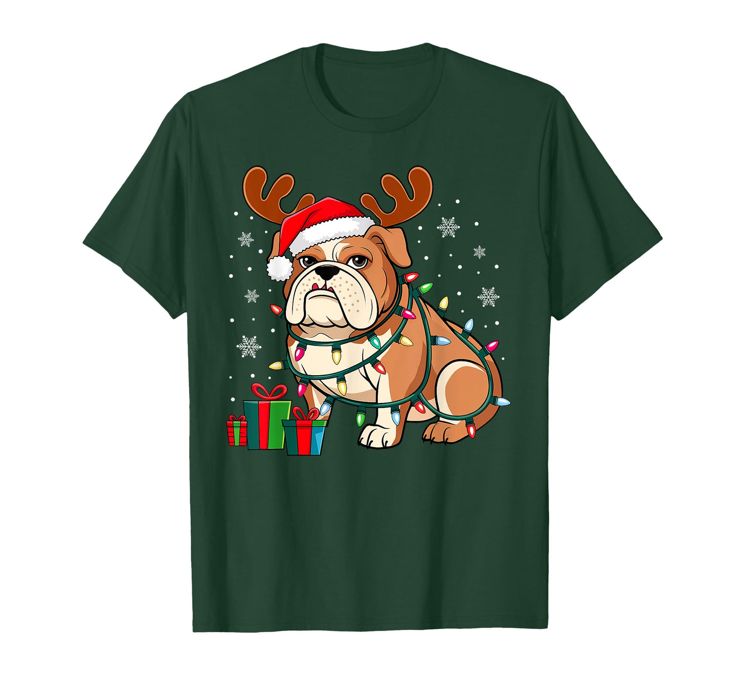 English Bulldog Dog Christmas Lights Santa Hat Dog Lover Men Women Kids T-Shirt