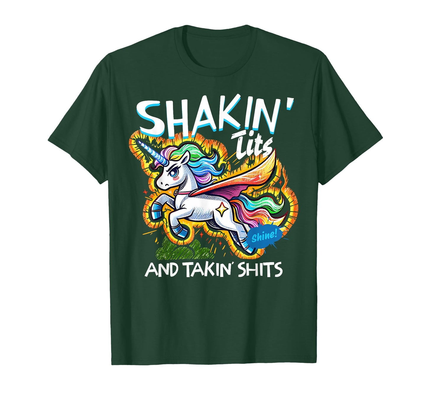 Shakin' Tits and Takin Shits Funny Unicorn Dirty Adult Humor T-Shirt