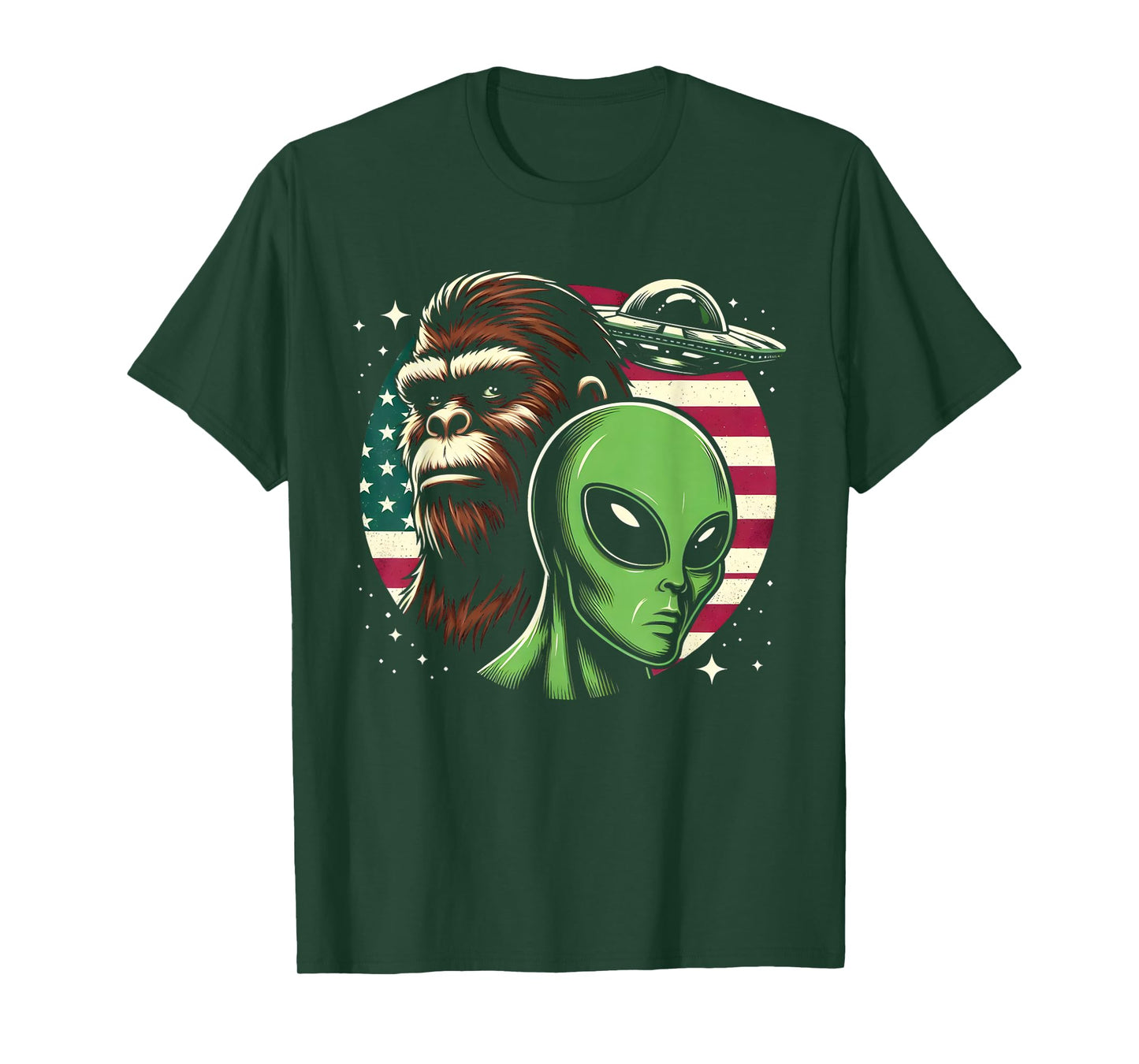 Bigfoot Sasquatch Alien UFO USA American Flag T-Shirt