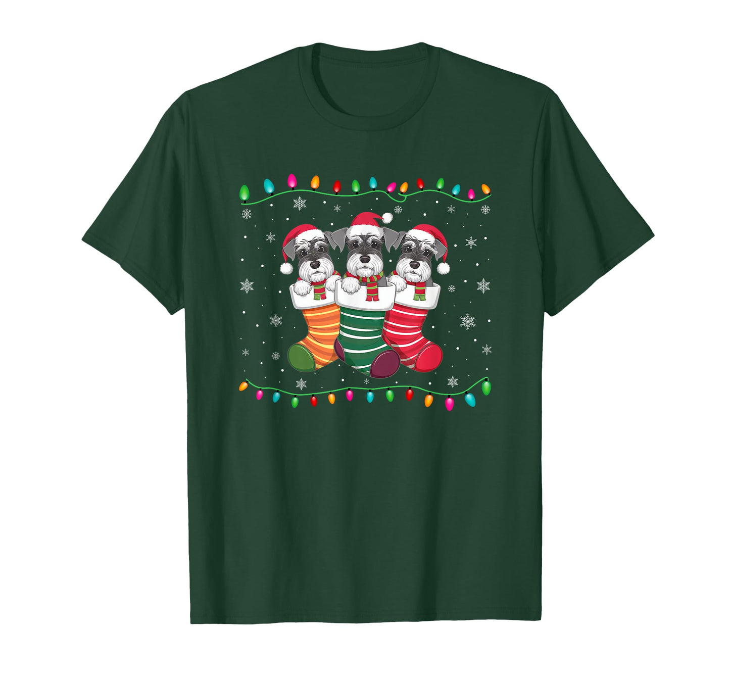 Xmas Tree Lights Funny Schnauzer Dog in Christmas Socks T-Shirt for Men Women Kids