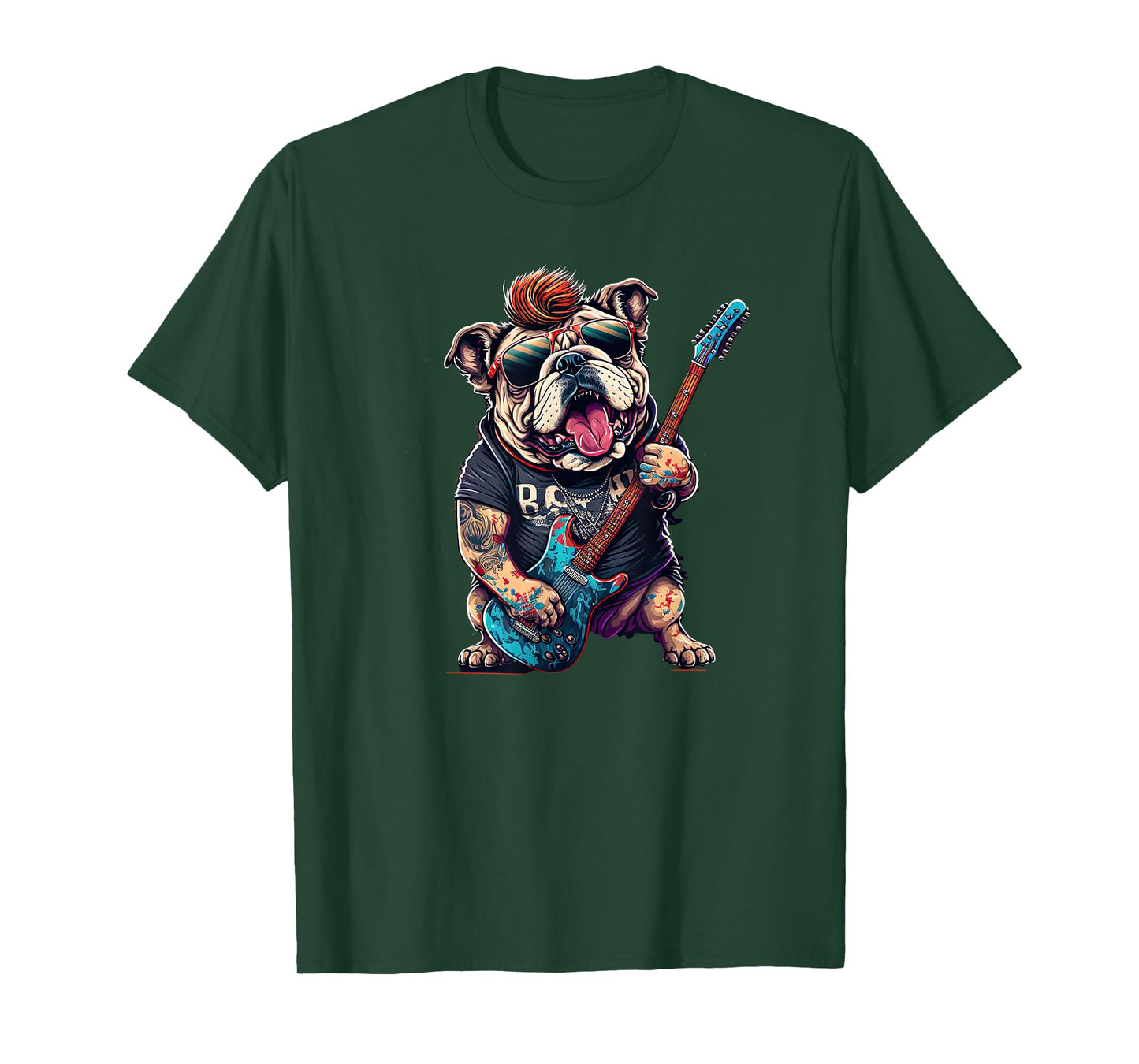 Funny Bulldog Dog Rock and Roll Rocker 80s 90s T-Shirt for Men Women Girls Kids