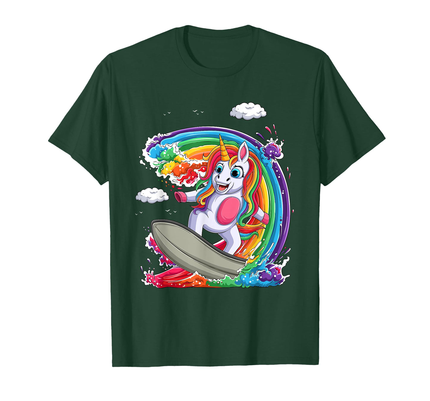 Cute Unicorn Girls Women Unicorn Surfing on Rainbow Wave T-Shirt