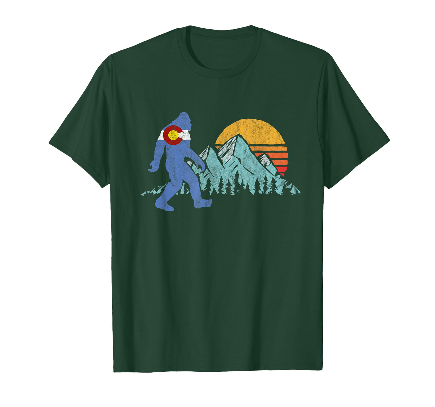 Retro Bigfoot Sun & Mountain State Flag of Colorado Graphic T-Shirt