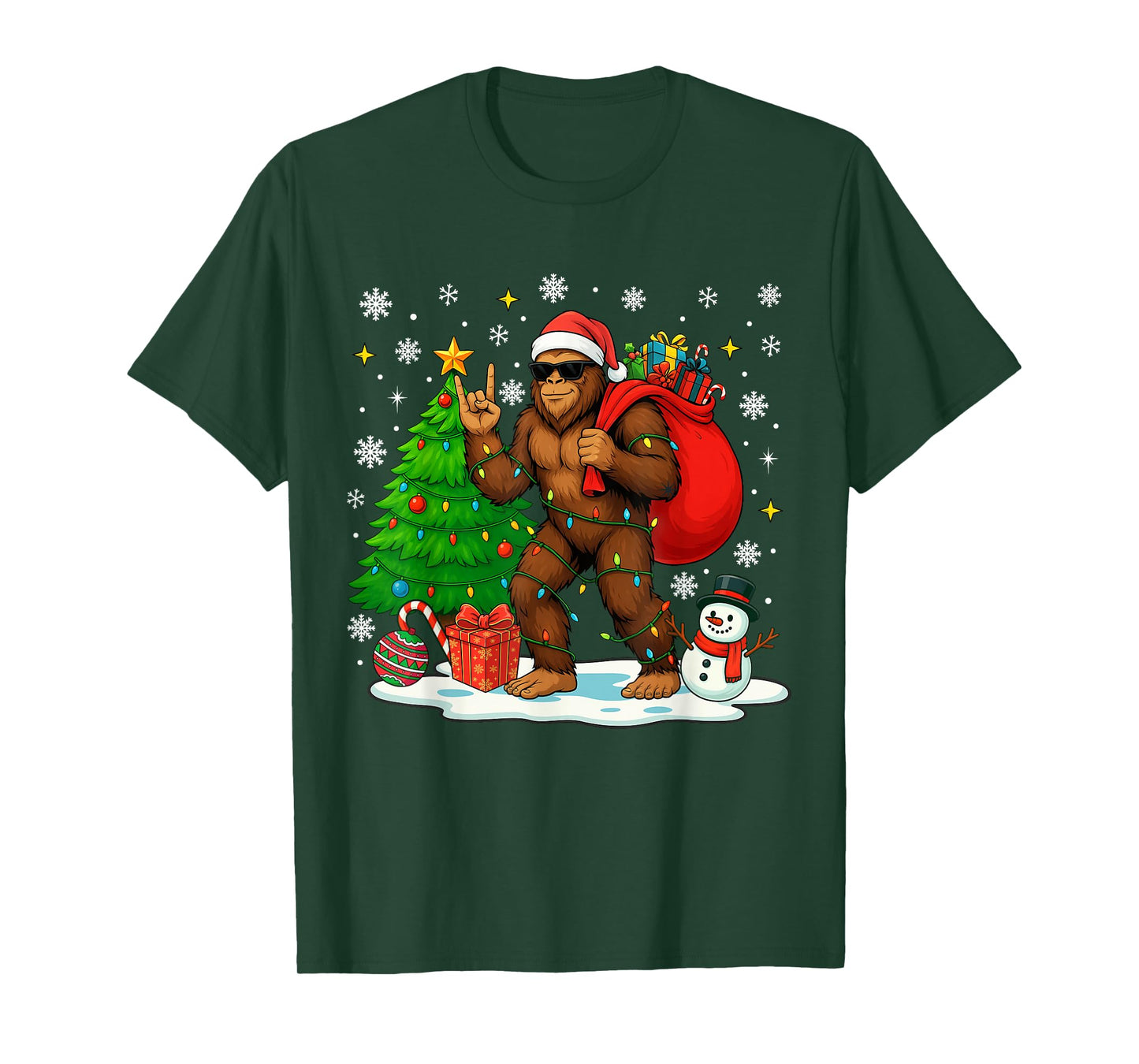 Santa Bigfoot Christmas Tree Lights Boys Men Sasquatch Lover T-Shirt