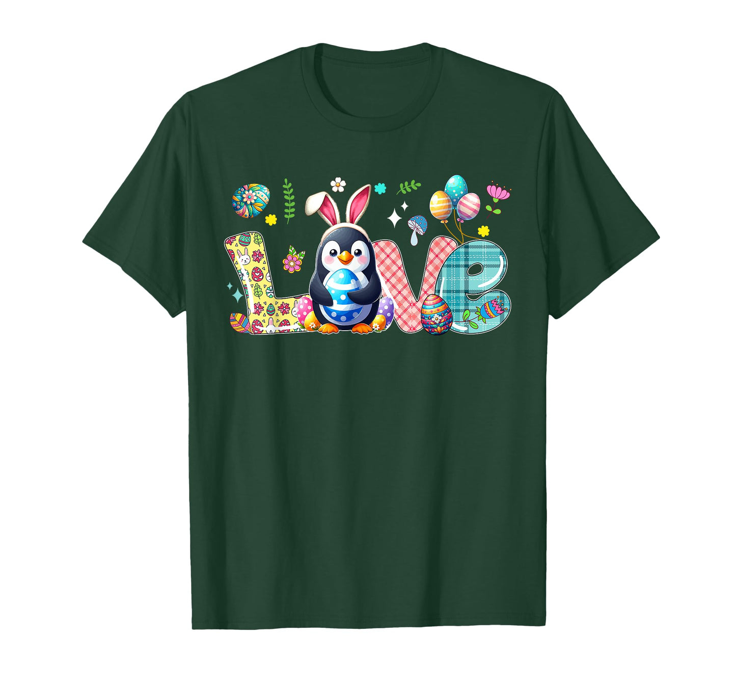 Love Easter Bunny Penguin Hunting Eggs Flowers Colourful T-Shirt