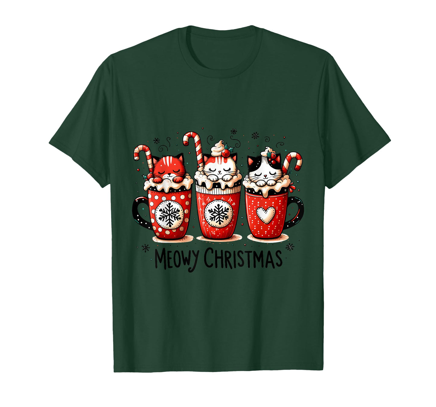 Meowy Christmas Cute Cats and Coffee Merry Xmas Graphic T-Shirt