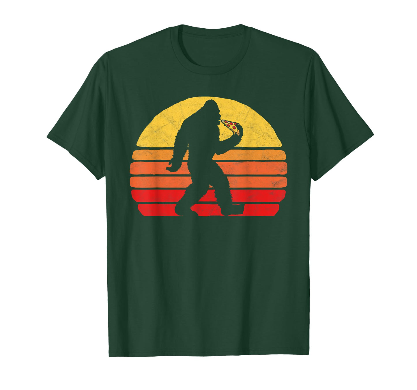 Sasquatch and Pizza! Funny Eating Bigfoot & 80s Sun Graphic T-Shirt