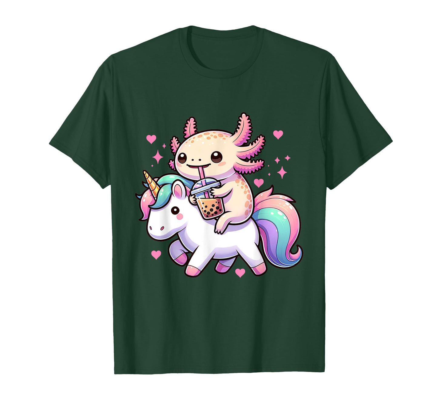 Cute Anime Kawaii Axolotl Riding A Unicorn And Drinking Boba T-Shirt