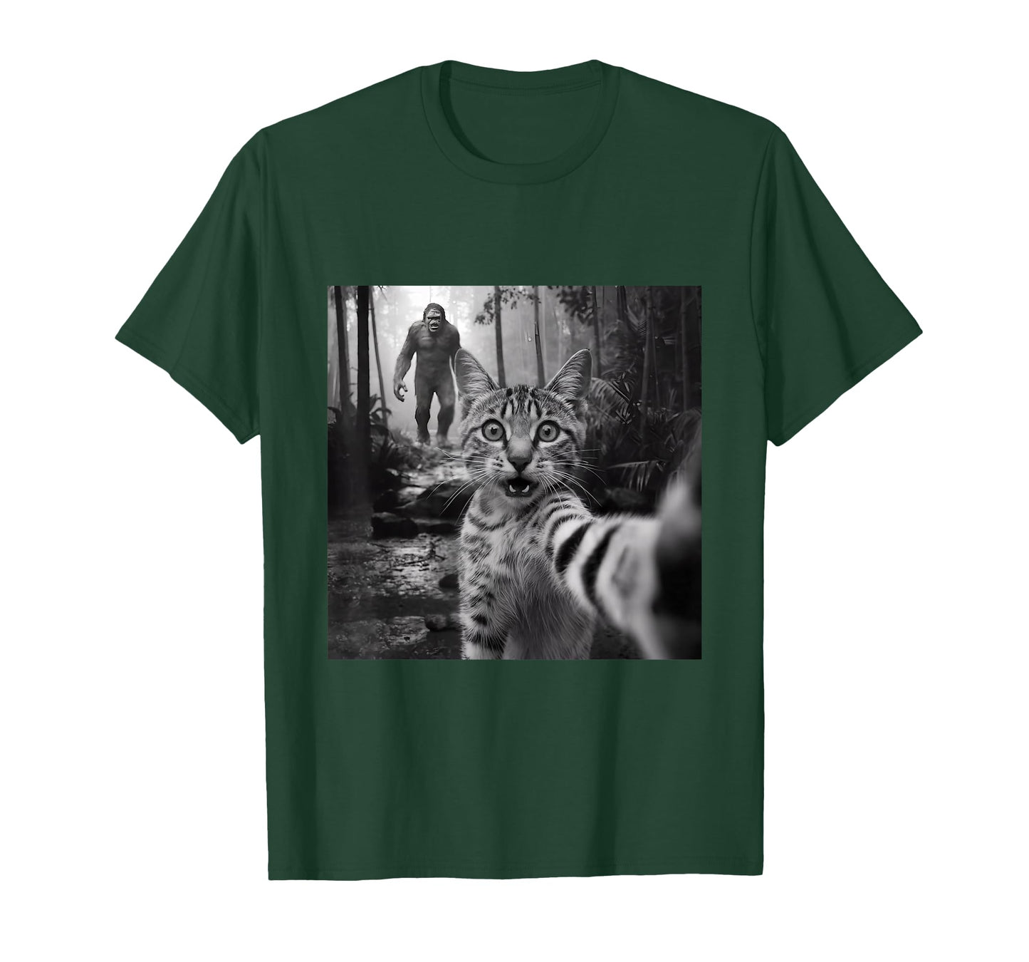 Funny surprised scared cat selfie with sasquatsch bigfoot T-Shirt
