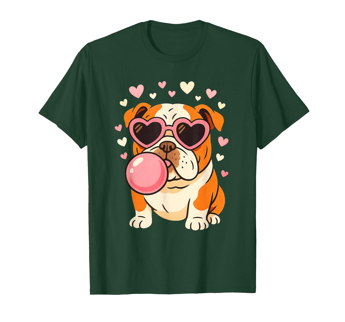 Bulldog Blowing Pink Bubble Gum Hearts Girl Women T-Shirt