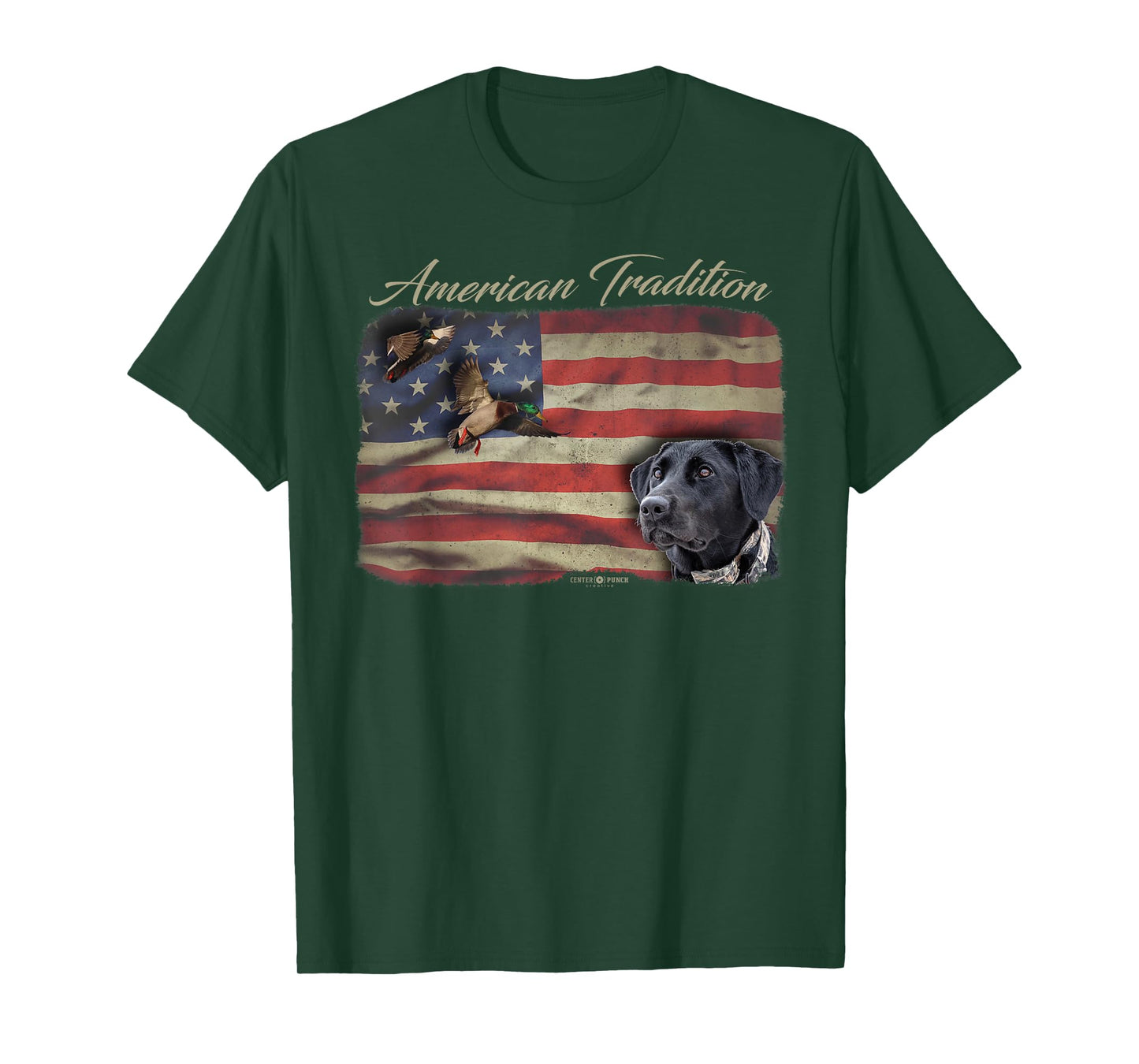 American Tradition Waterfowl Duck Hunting Dog Black Lab Flag Men Women Kids T-Shirt