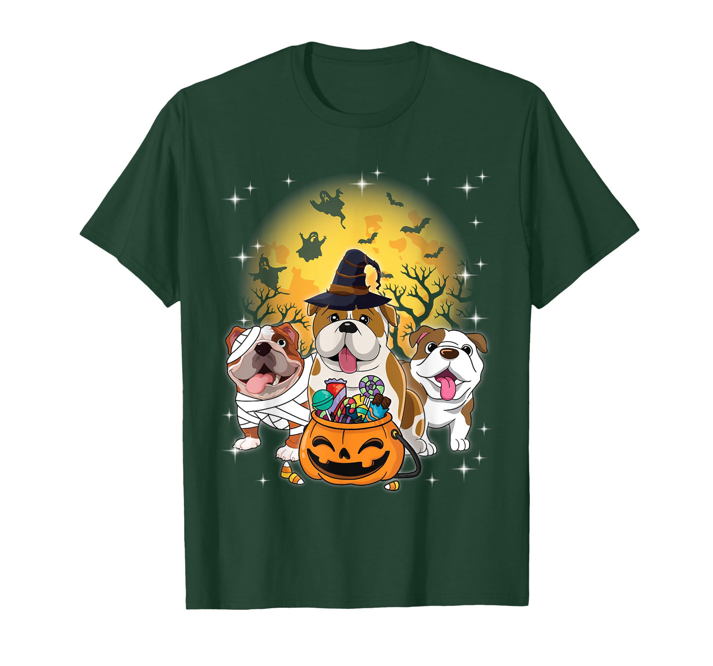 English Bulldog Mummy Witch Dog Moon Ghosts Halloween Day T-Shirt for Men Women Kids