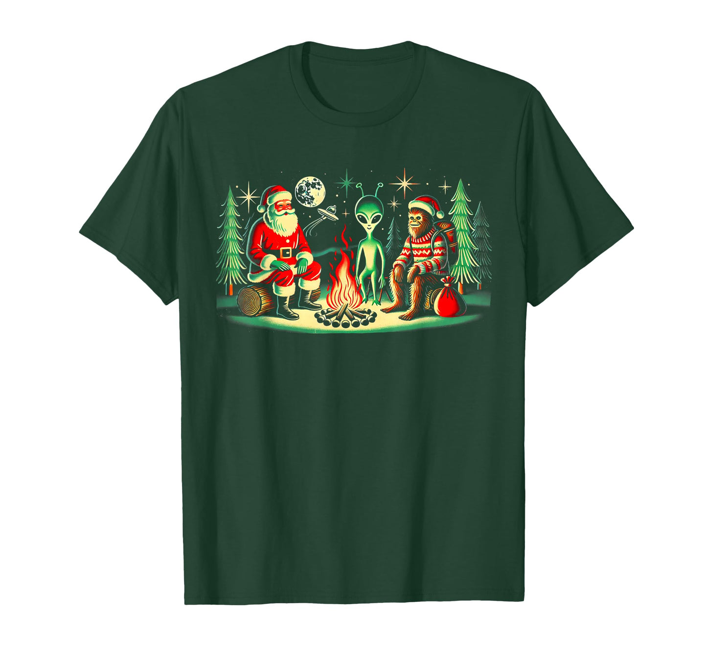 Santa Bigfoot and Alien Sat Around a Fire at Camp, Christmas T-Shirt