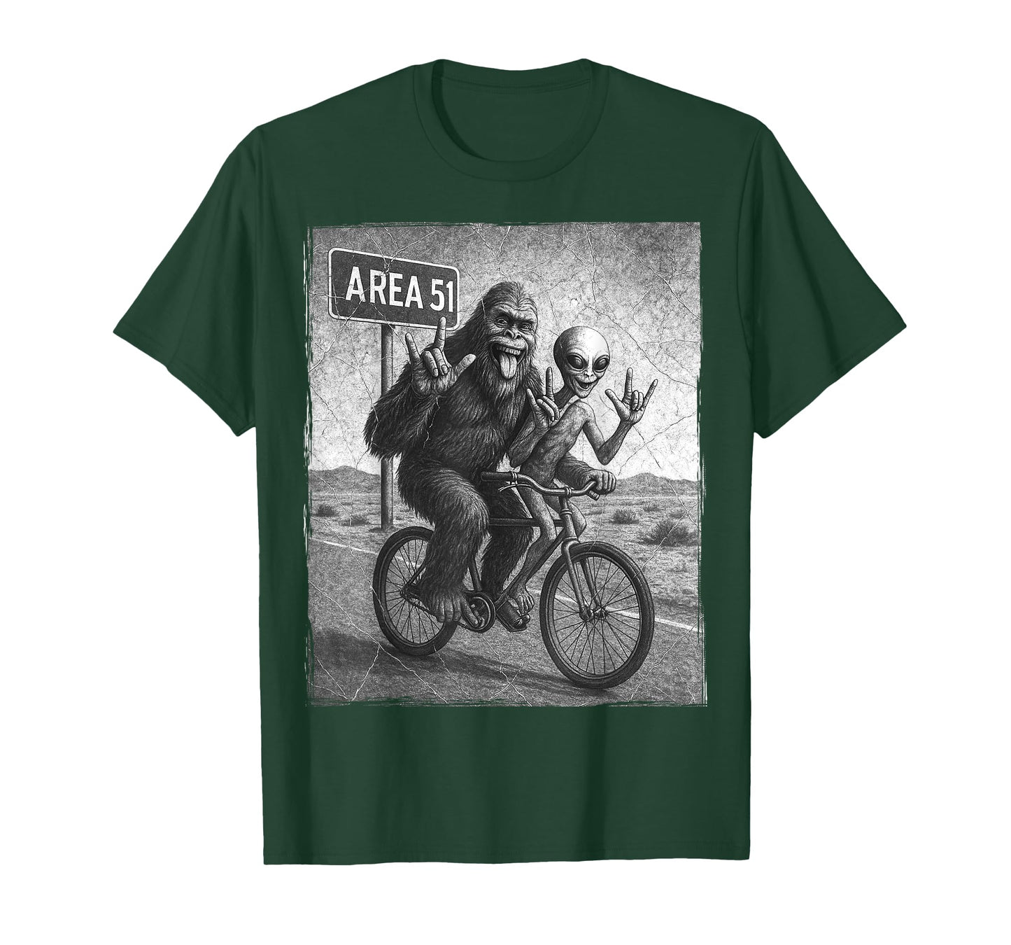 Bigfoot Alien UFO Bike Ride Rock On Area 51 Vintage Funny T-Shirt