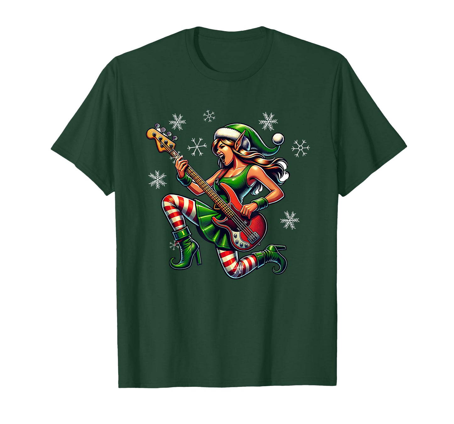 Rock & Roll Christmas Elf Bass-Guitar Bassist Christmas T-Shirt