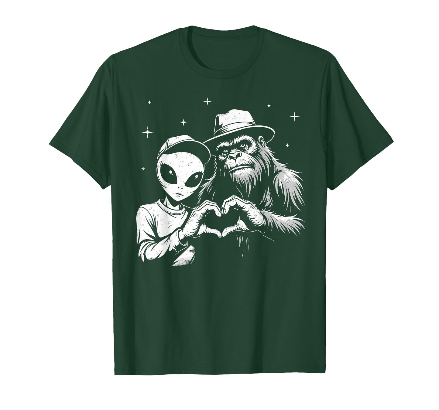 Bigfoot And Alien Love Hand Sign Funny Sasquatch T-Shirt