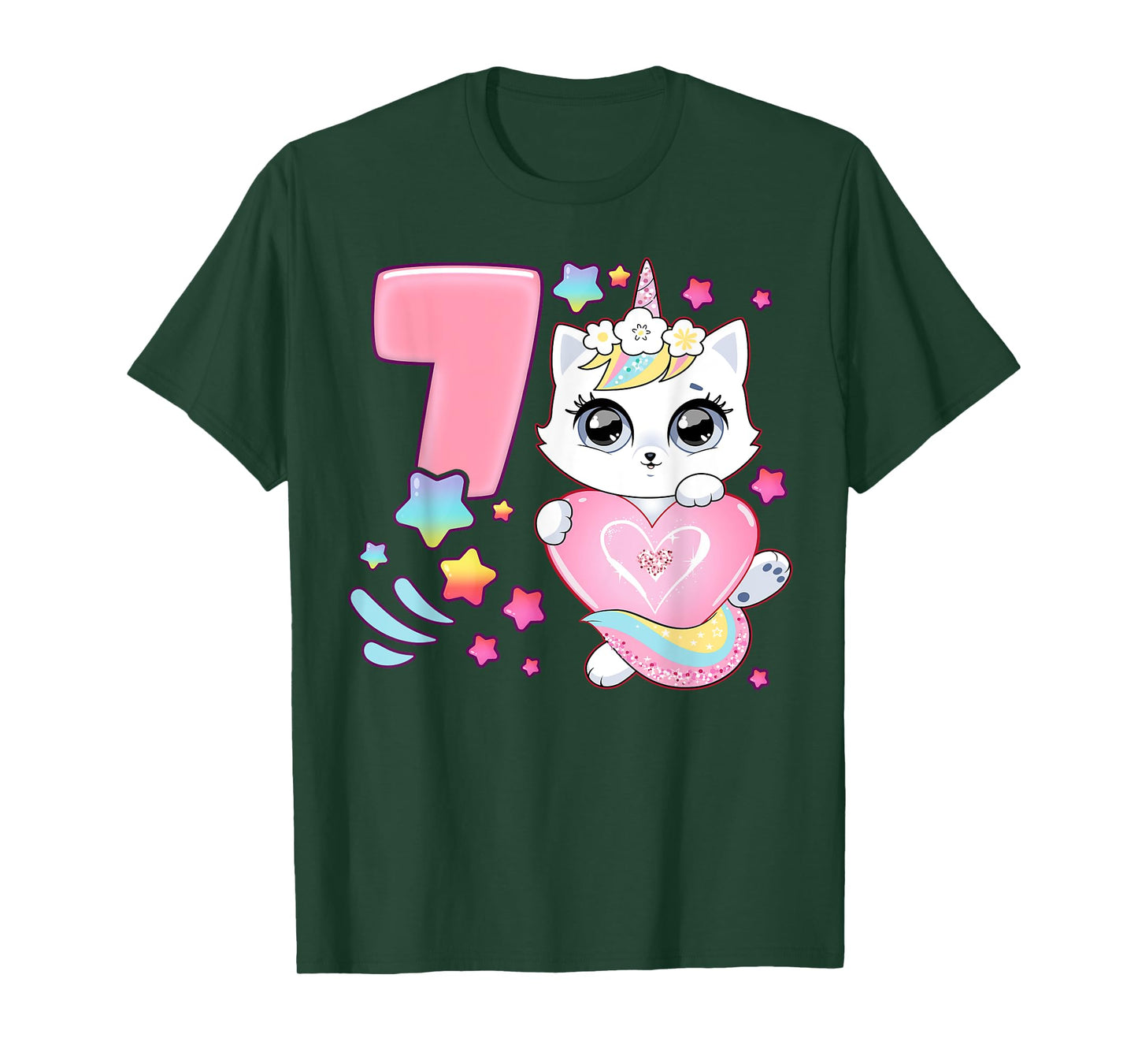 Birthday girl 7 years old, cat, unicorn, 7th birthday T-Shirt