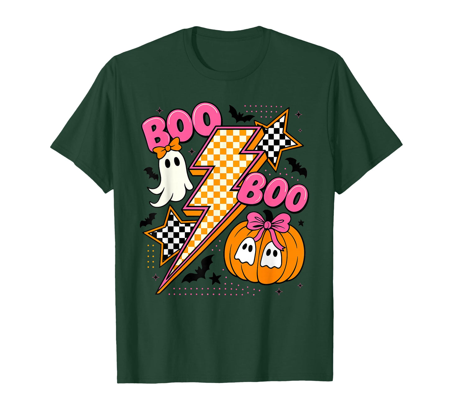 Retro Halloween Lighting Checkered Ghost Pumpkin Bow Outfit T-Shirt