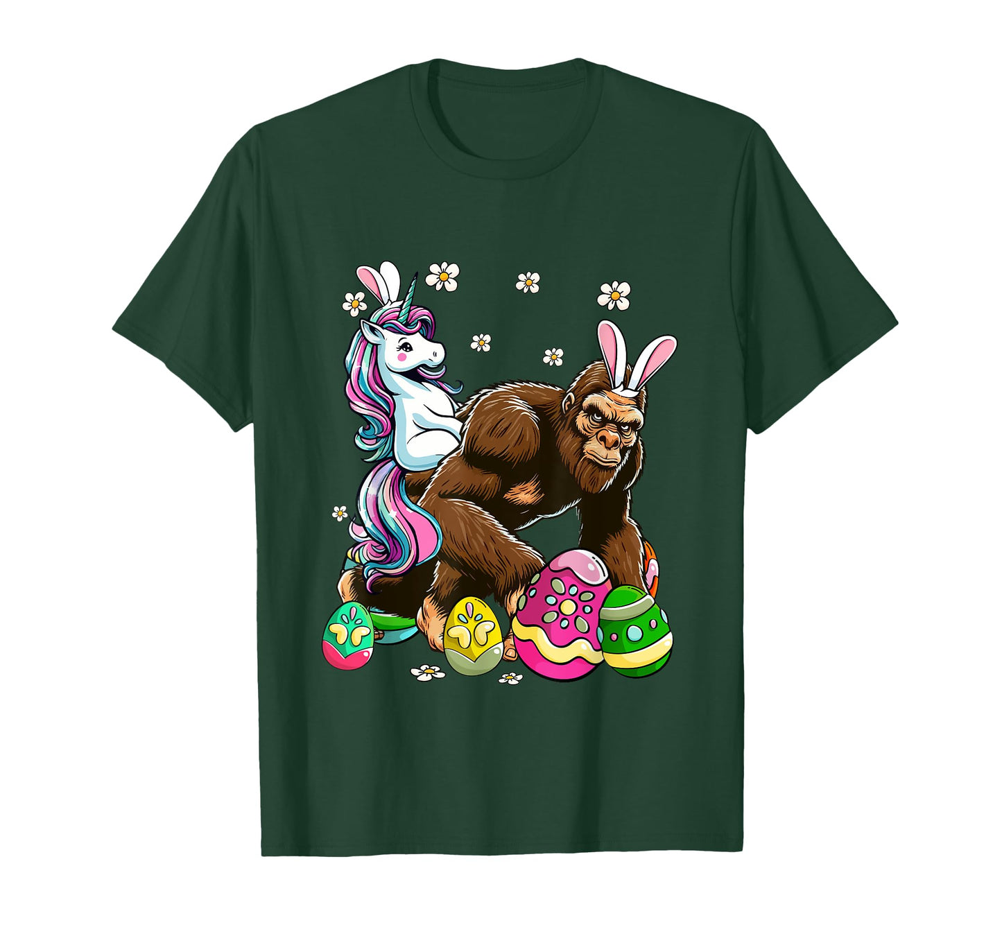 Bunny Unicorn Riding Bigfoot Flowers Easter Day Hunting Eggs T-Shirt