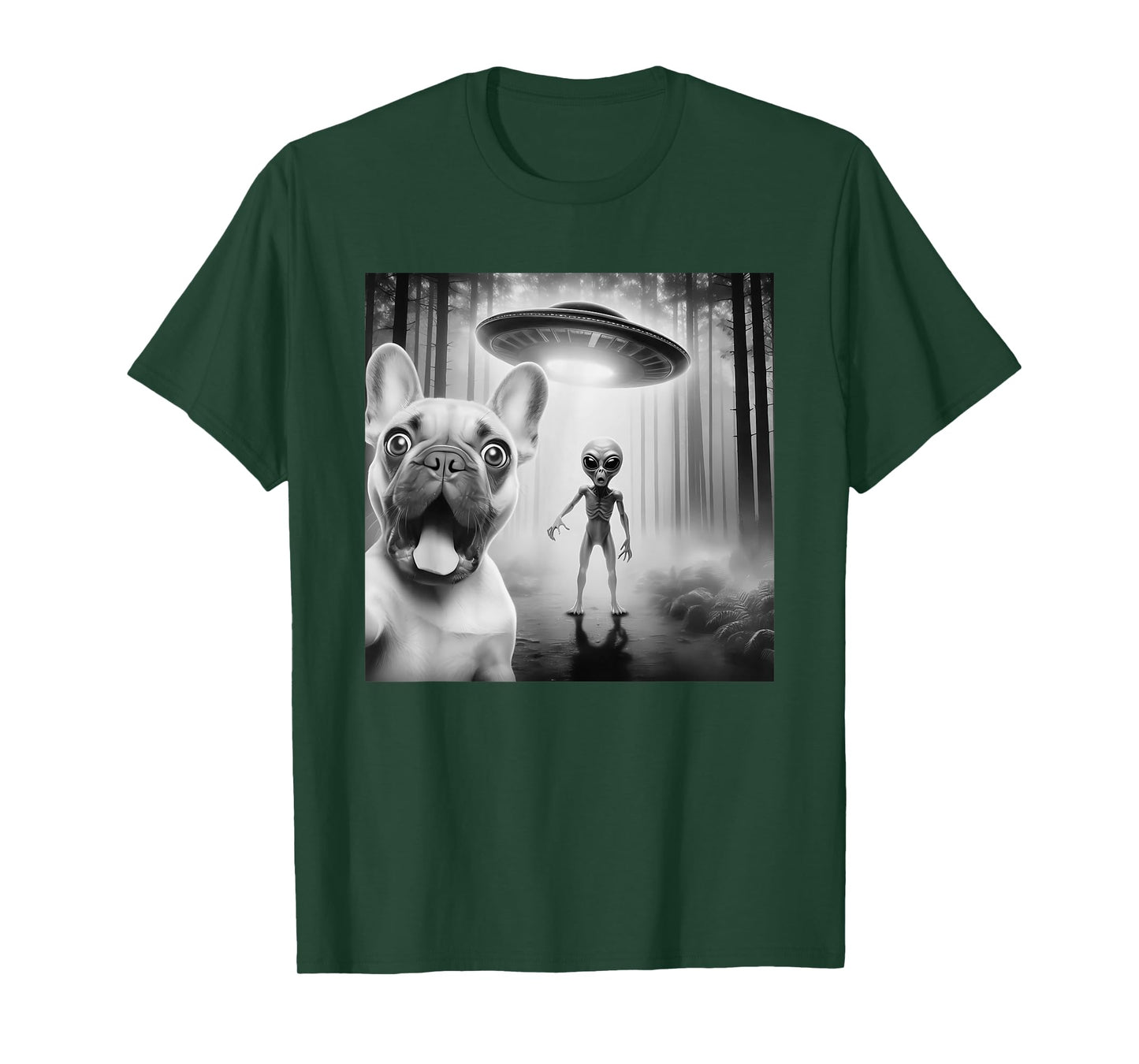 Funny French bulldog surprised Selfie with alien UFO T-Shirt