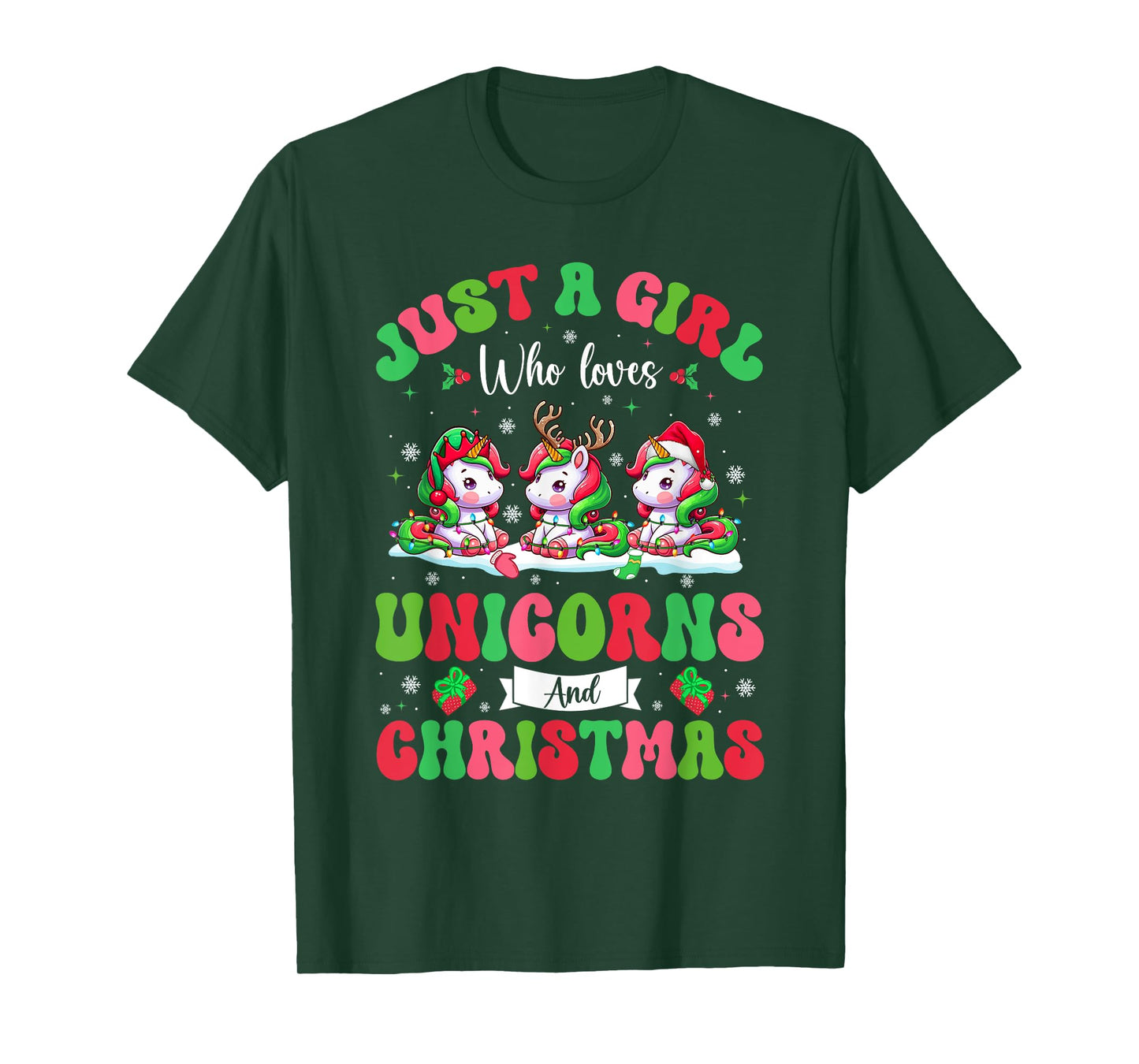 A Girl Loves Unicorns And Christmas Three Santa Unicorns T-Shirt