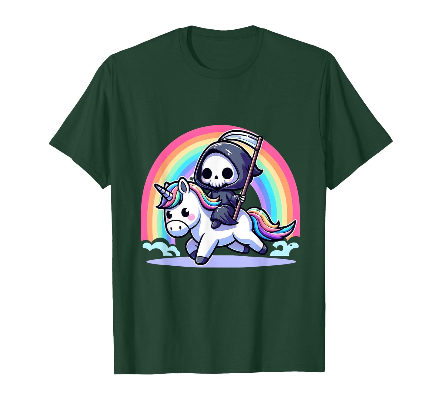 Grim Reaper Riding Unicorn Funny Rainbow Heavy Metal T-Shirt