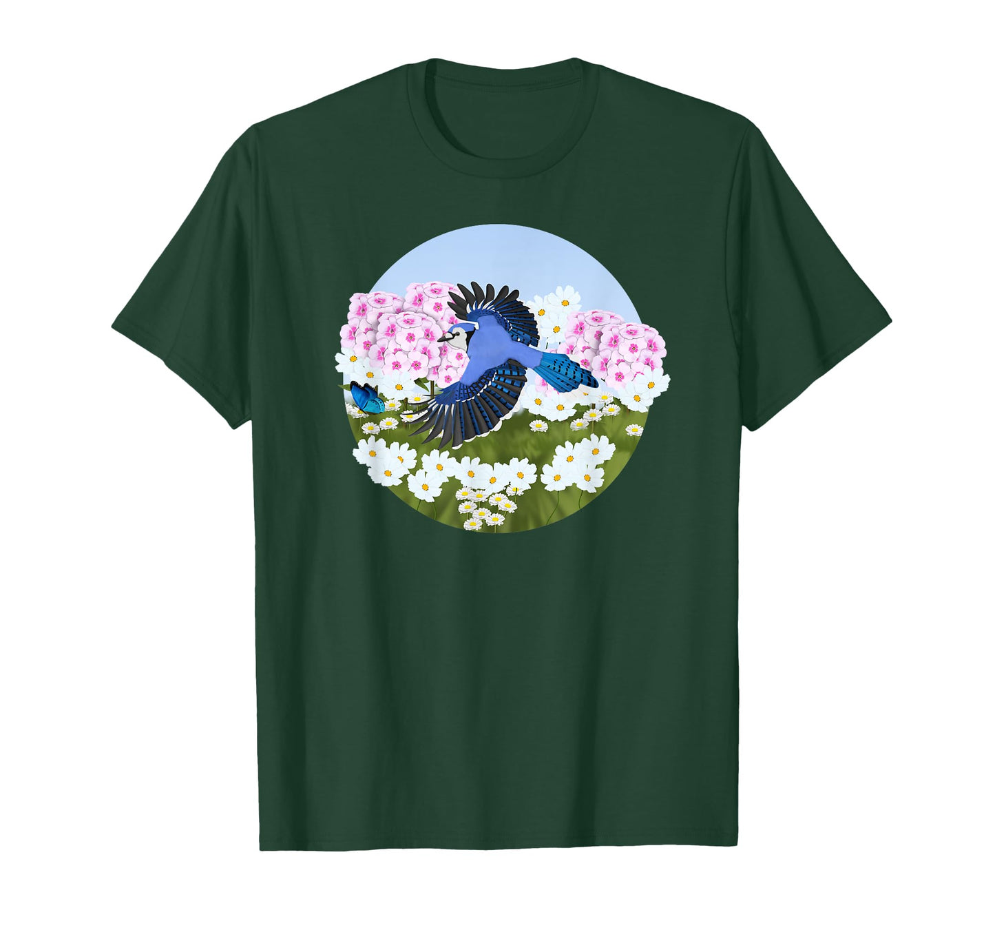 Blue Jay Summer Flowers Bird Watching Biologist Birder T-Shirt