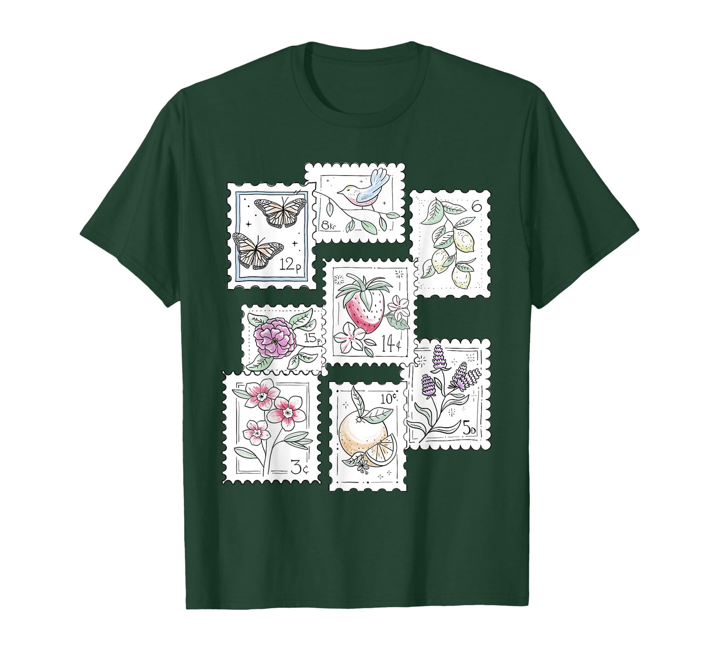 Postage Stamp Pattern Flowers Butterflies Bird Strawberry T-Shirt