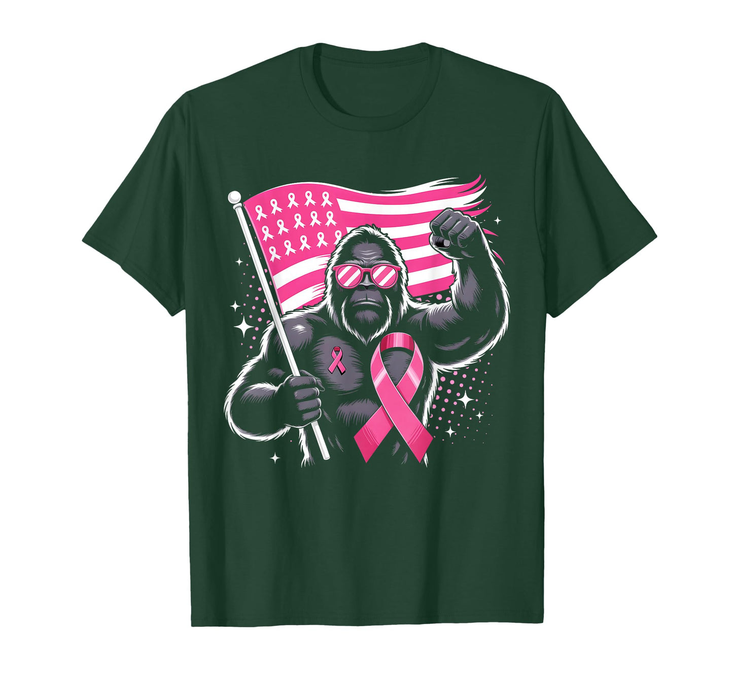 Bigfoot Pink Ribbon USA Flag Breast Cancer Awareness T-Shirt