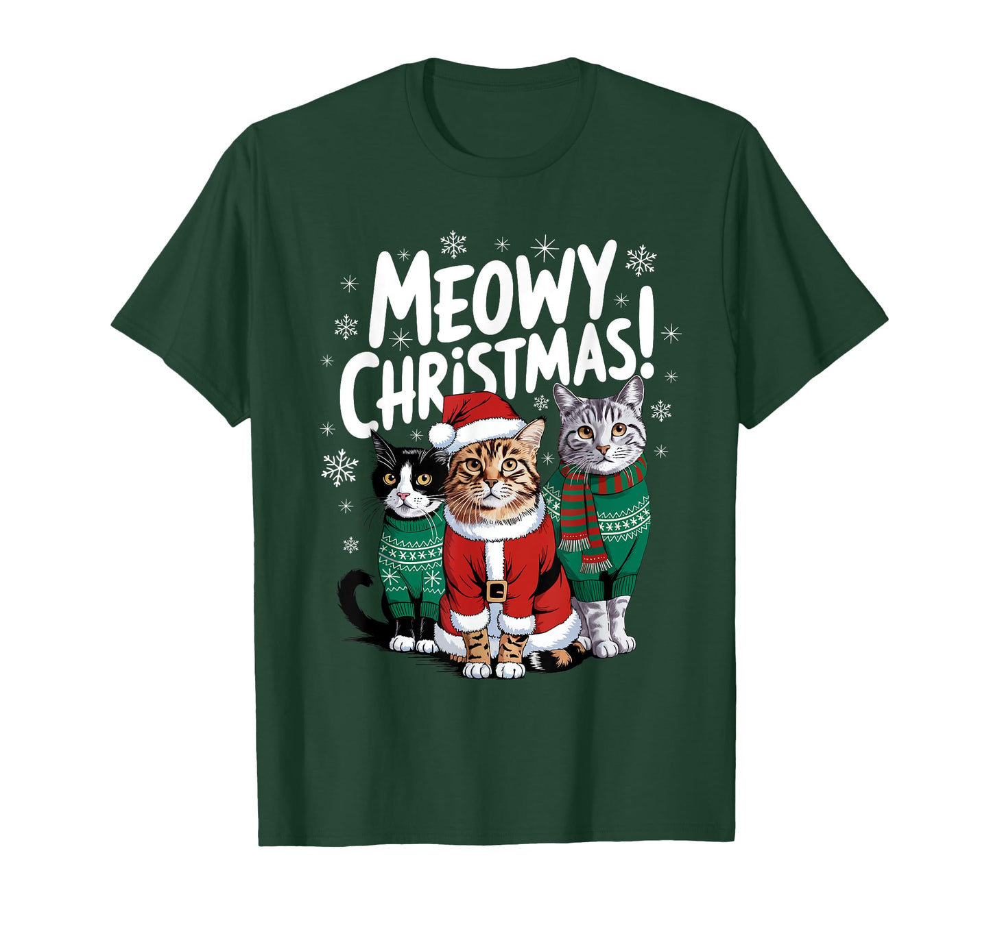 Meowy Christmas Funny Cat Christmas Holiday Xmas Santa Hat T-Shirt for Men Women Kids