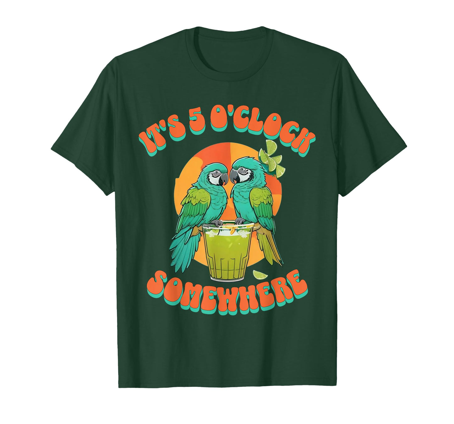 Vintage It's 5 O'clock Somewhere Parrots Drinking Cocktail T-Shirt