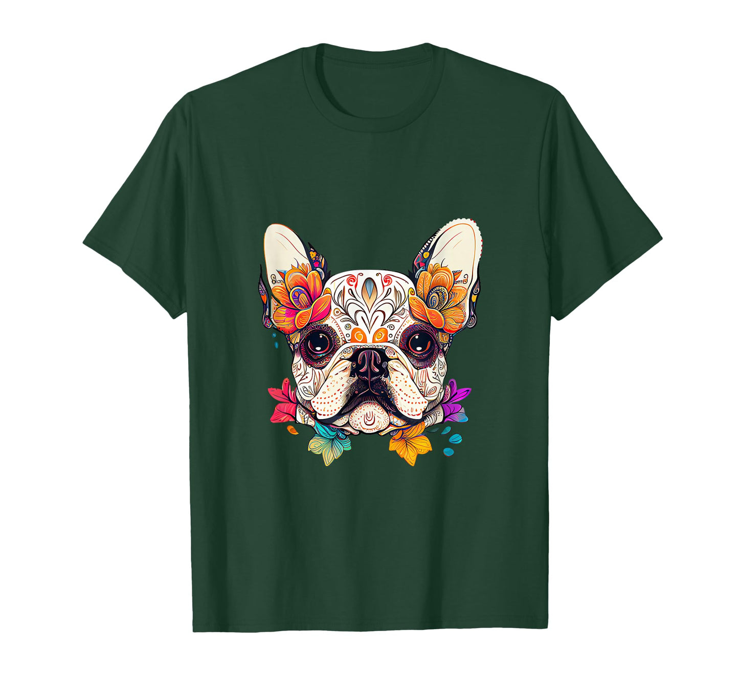 Sugar Skull Dog Colorful French Bulldog Lover Floral Flowers T-Shirt