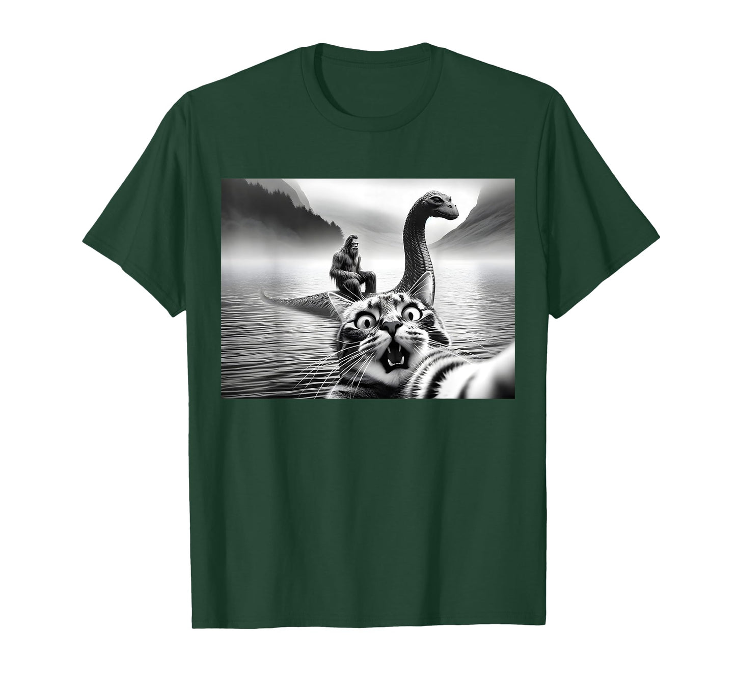 Bigfoot Riding Loch Ness Monster Surprised Scared Cat Selfie T-Shirt for Men Women Girls Kids