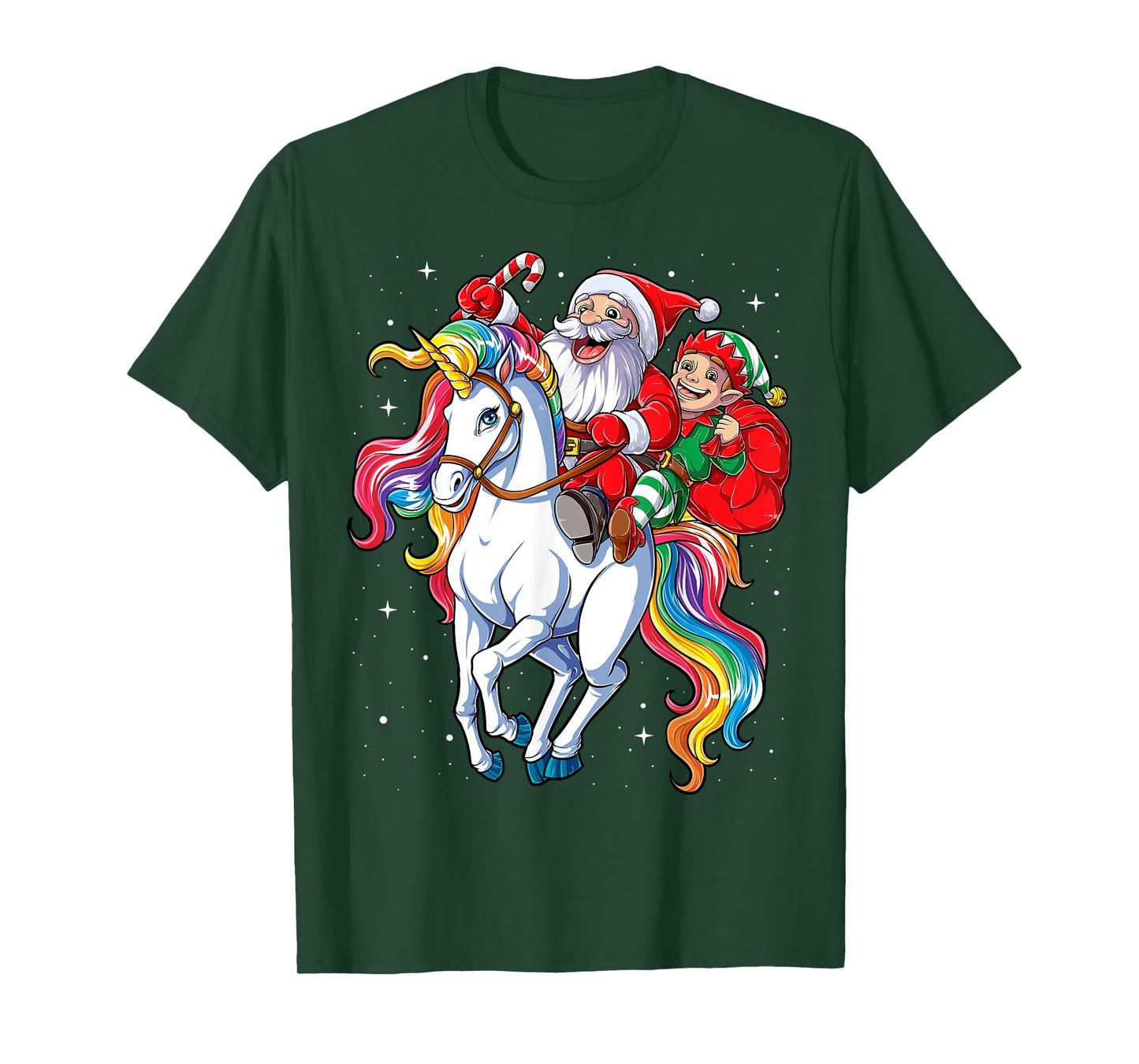 Christmas Santa Elf Riding Unicorn Xmas Girls Women Rainbow T-Shirt