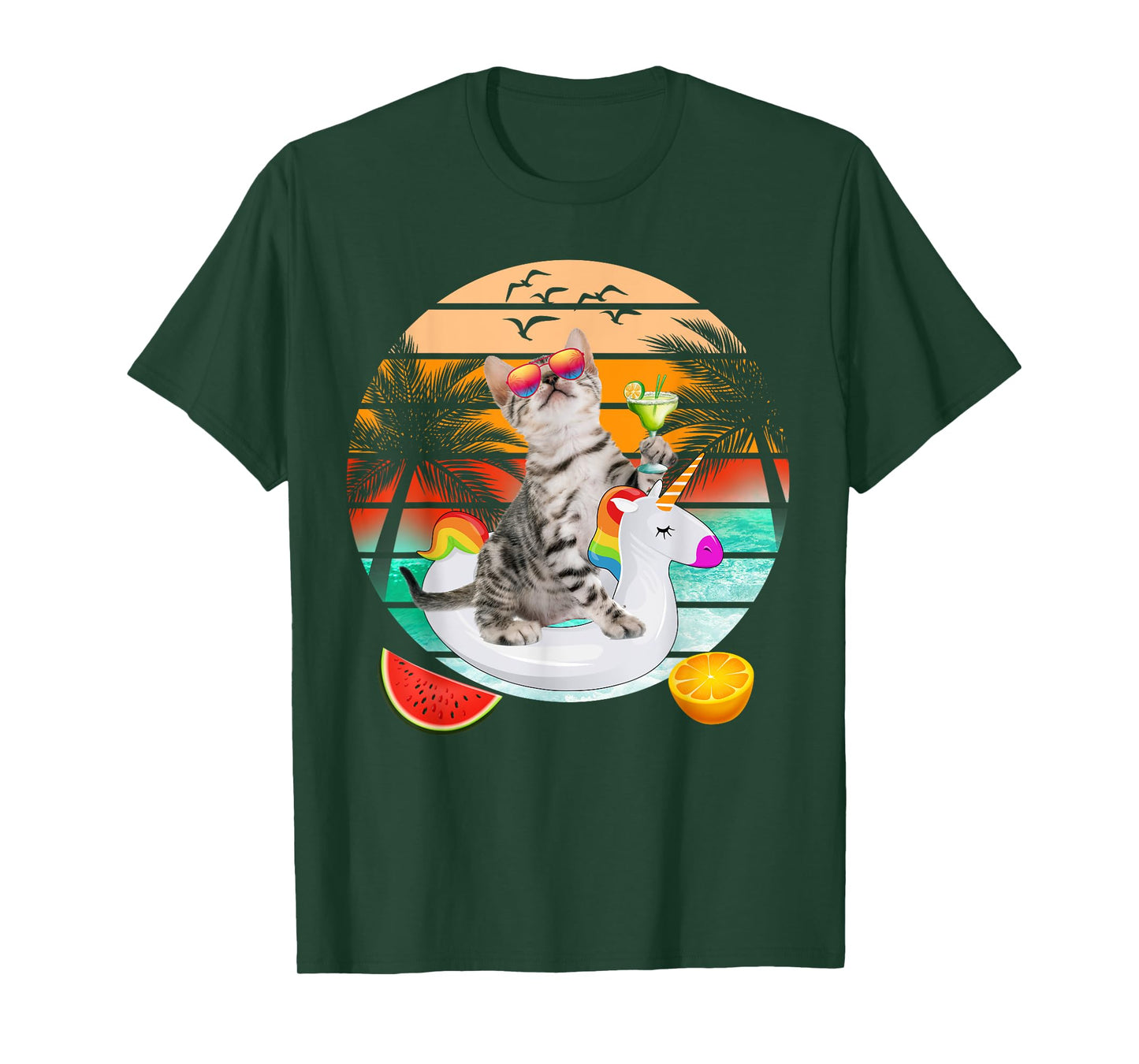 Cute Cat With Margarita & Unicorn Float Kitten Summer Vibes T-Shirt