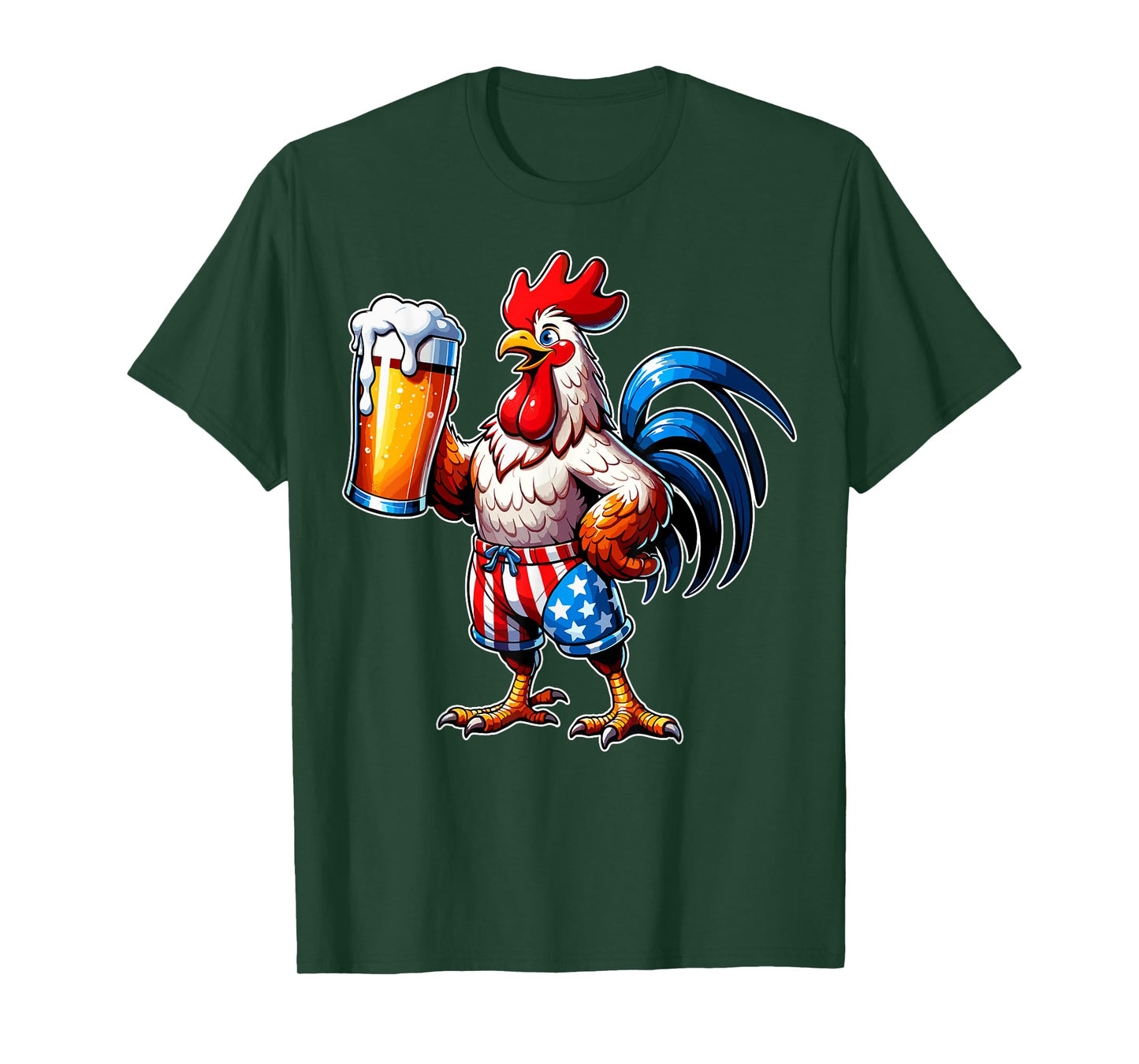 Chicken Holding Beer USA Flag 4th of July Patriotic Chicken T-Shirt