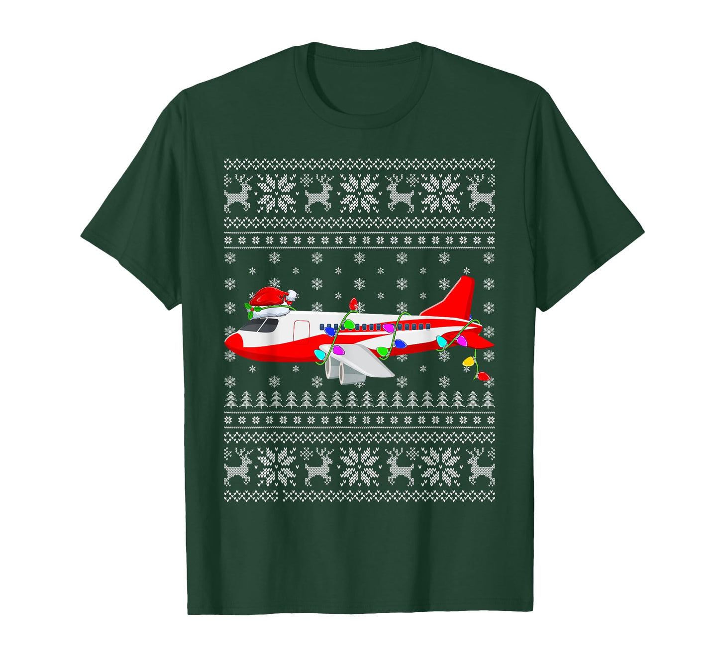 Ugly Sweater Xmas Lights Santa Hat Airplane Christmas T-Shirt