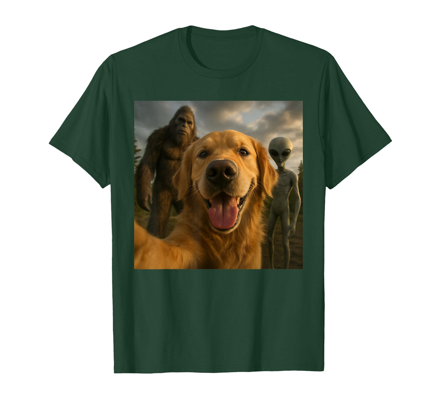 Funny Golden Retriever Dog Selfie with Alien & Bigfoot T-Shirt
