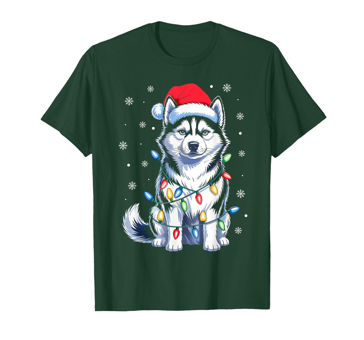 Husky Dog Christmas Lights Santa Hat Family Xmas Pajamas T-Shirt