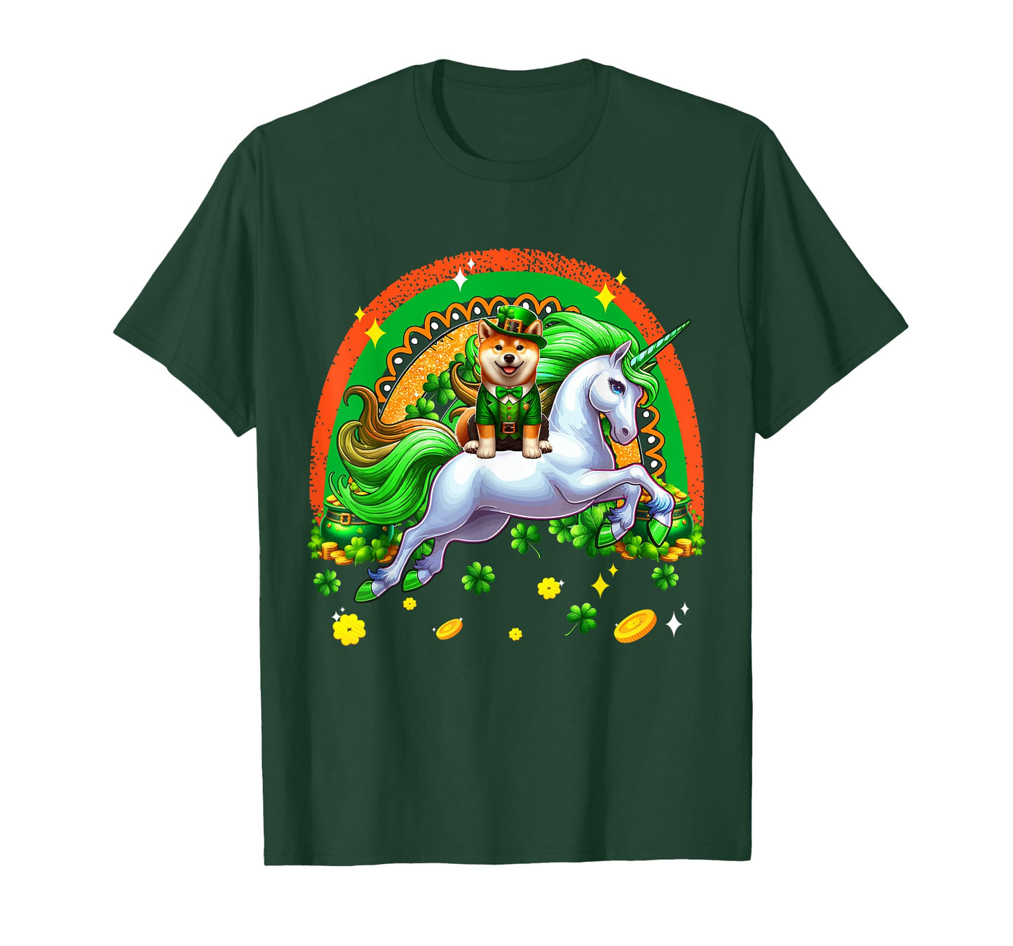 Patrick's Day Shiba Inu Riding Unicorn Shamrocks Rainbow T-Shirt