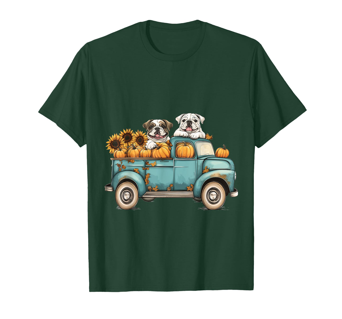 Cute Autumn English Bulldogs Pumpkins Sunflowers Fall Dogs T-Shirt