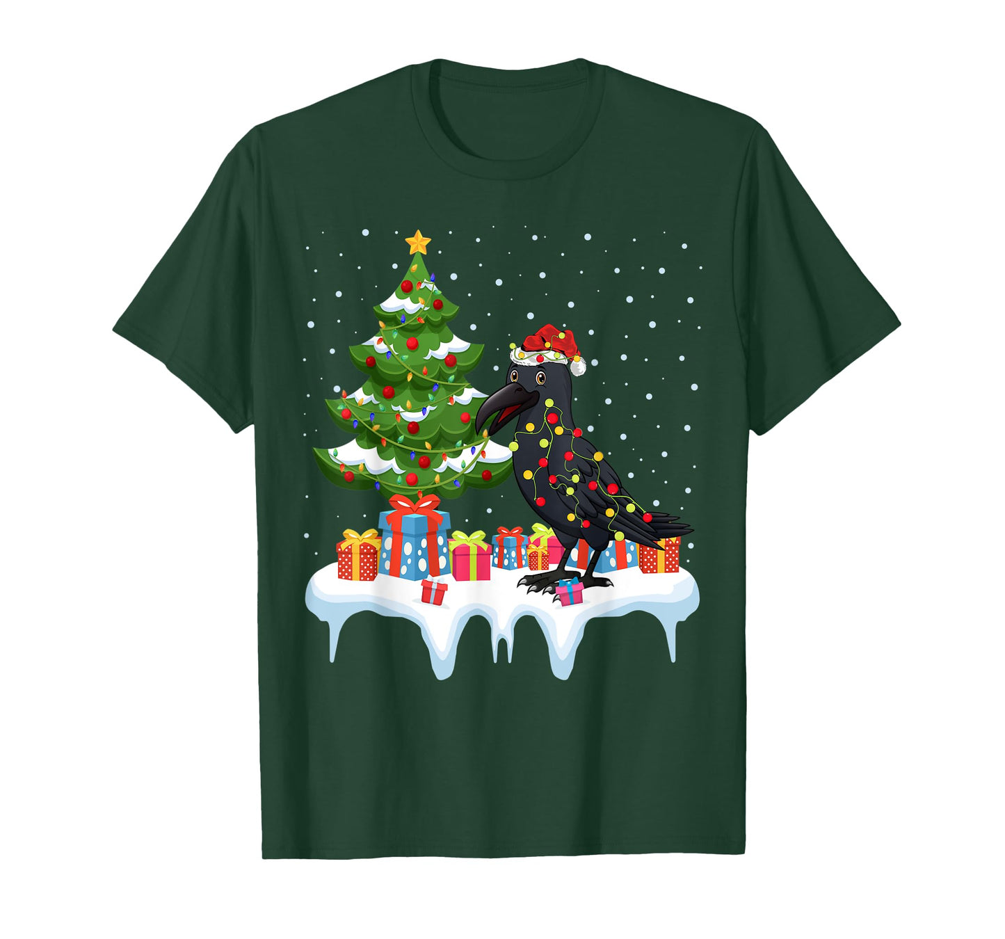 Xmas Lighting Tree Santa Hat Raven Christmas T-Shirt