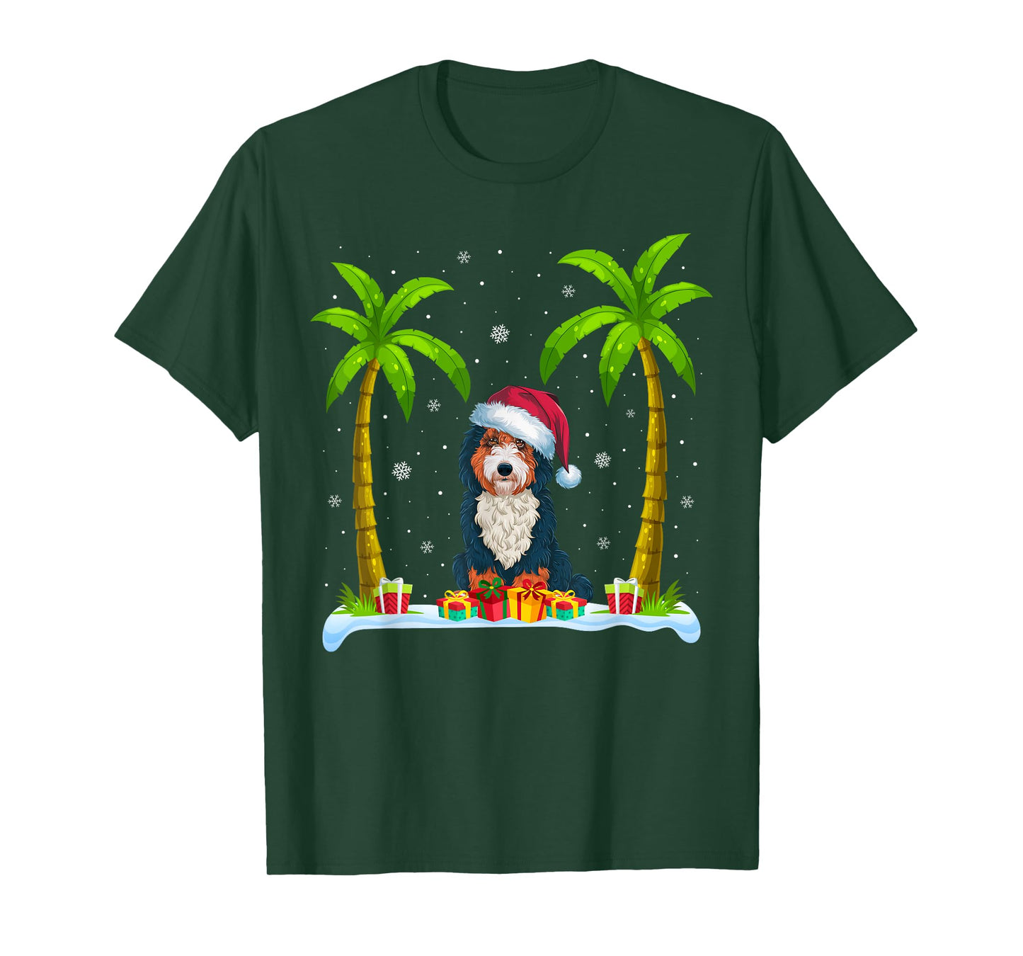 Bernedoodle Dog Santa Hat Palm Tree Beach Xmas Pajama Men Women Kids T-Shirt