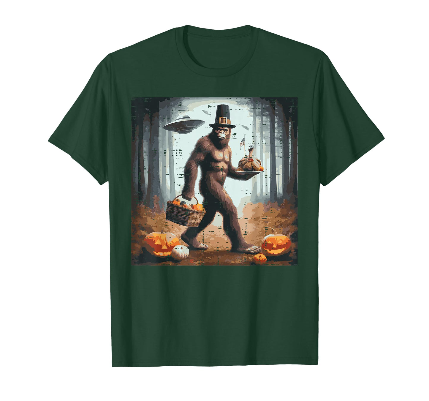 Thanksgiving Bigfoot UFO Funny Sasquatch Fall Men Women Kids T-Shirt