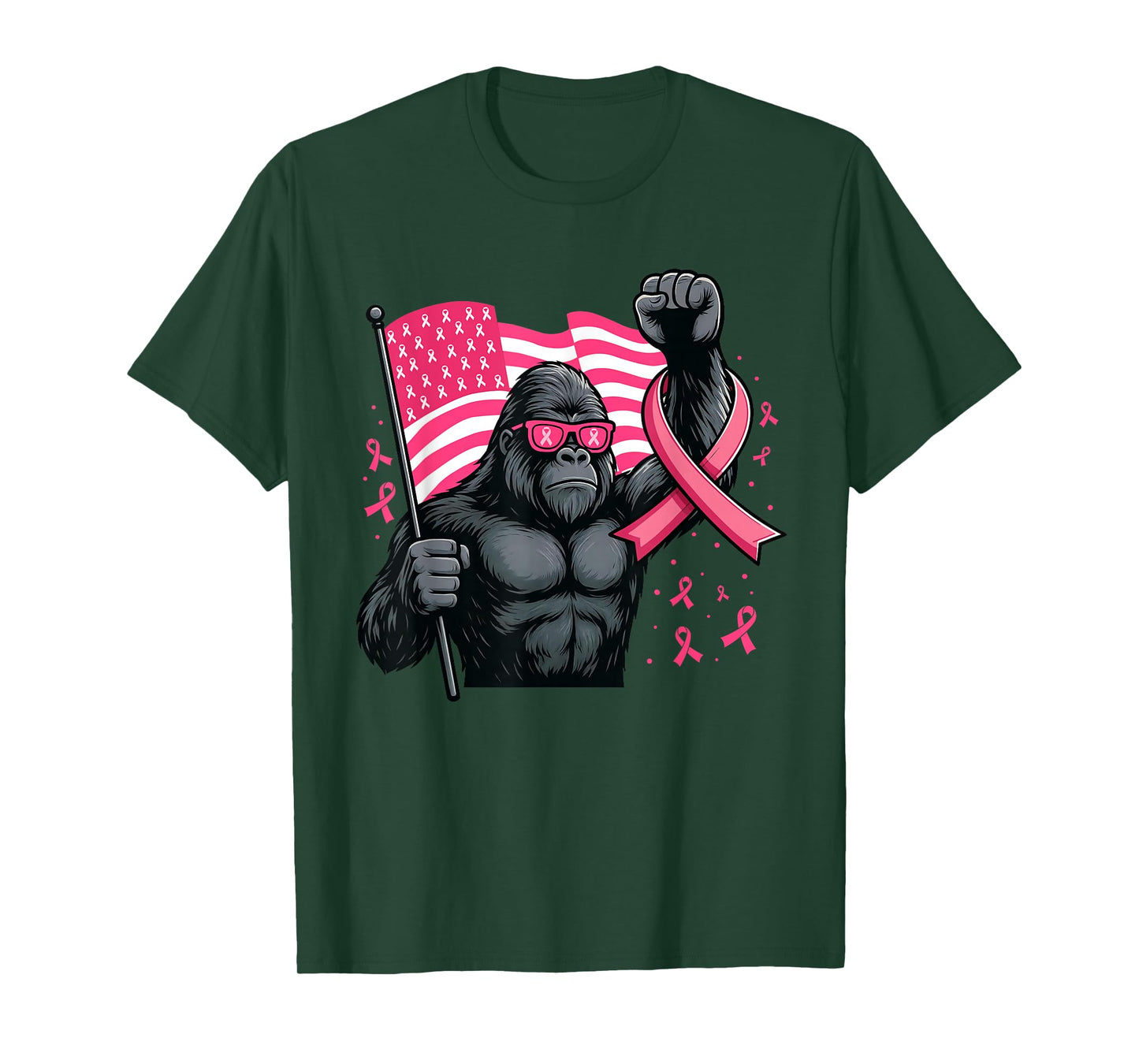 Bigfoot Pink Ribbon Flag Sasquatch Breast Cancer Awareness T-Shirt