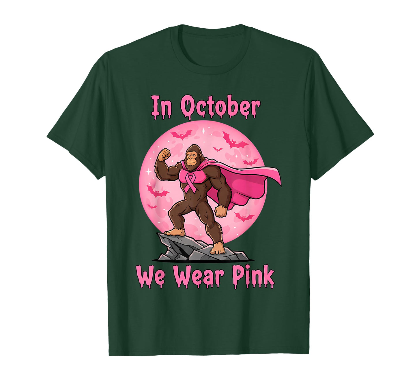 in October We Wear Pink Bigfoot Halloween Breast Cancer T-Shirt