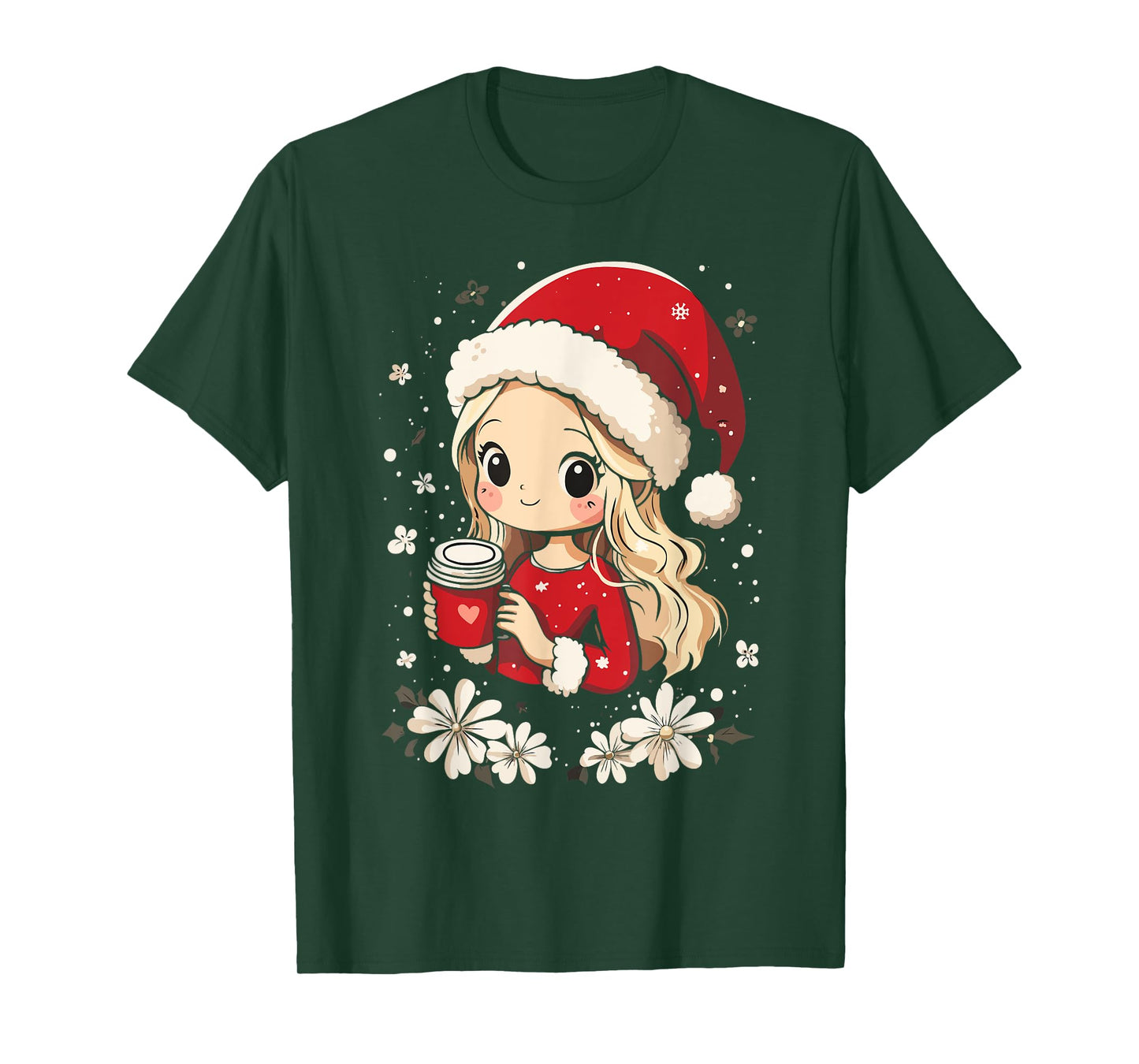 Christmas Santa Girl Coffee Flower Kids Santa Women Xmas T-Shirt