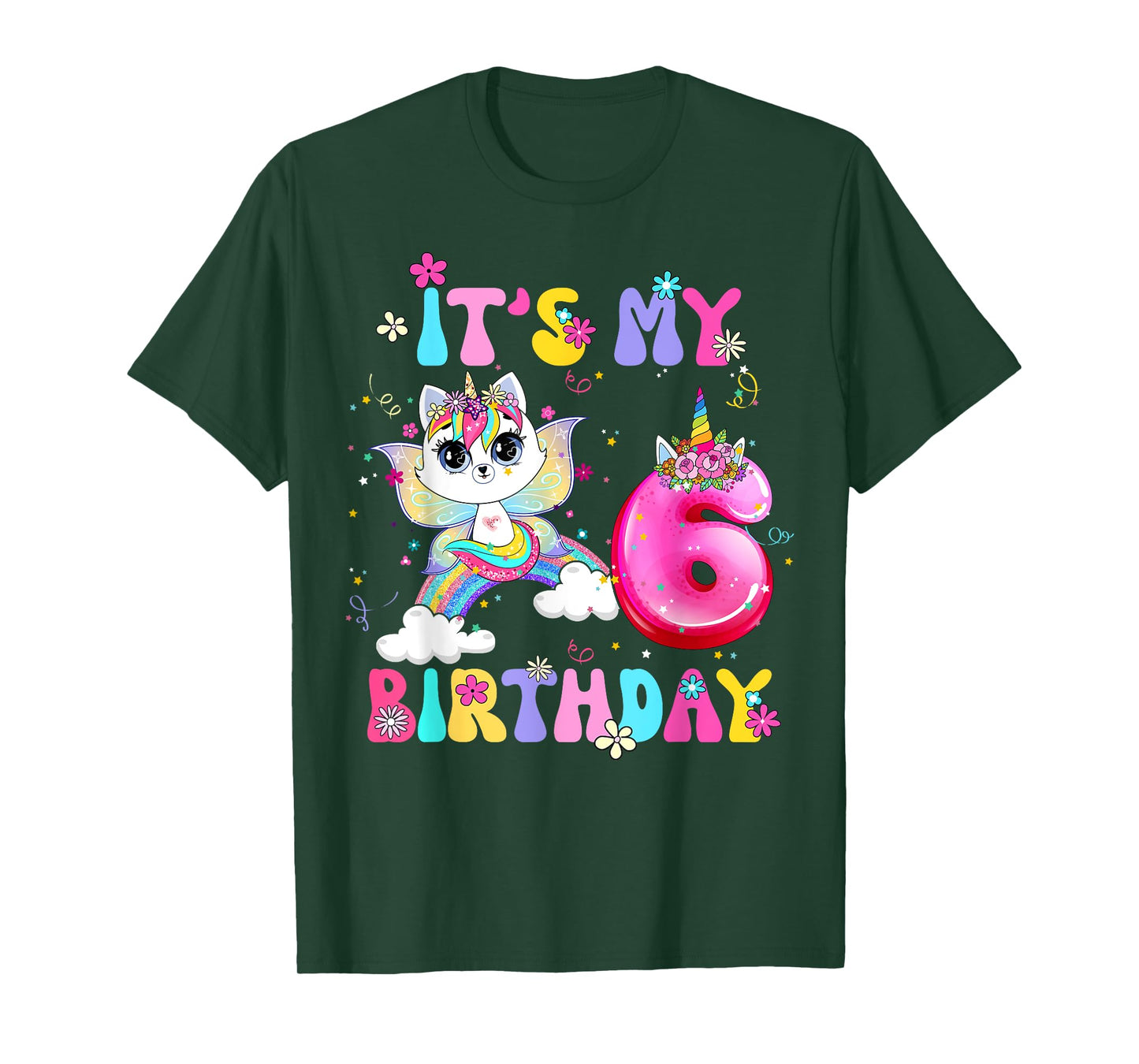 Kids 6th Birthday Cat Unicorn 6 Years Old Rainbow Girl Teens T-Shirt